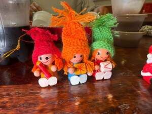 Vintage Set of 3 Christmas Wood Girl Ornaments: Hand Crafted Knitted Hats -
